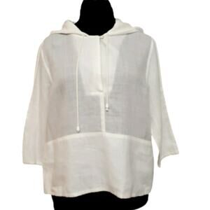 Carlie's Court Linen White 3/4 Sleeve Kangaroo Pouch Hooded Top Medium